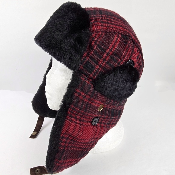 Woolrich Winter Trapper ear Hat Faux Shearling Plaid Tartan Red Size Large L - Picture 1 of 10